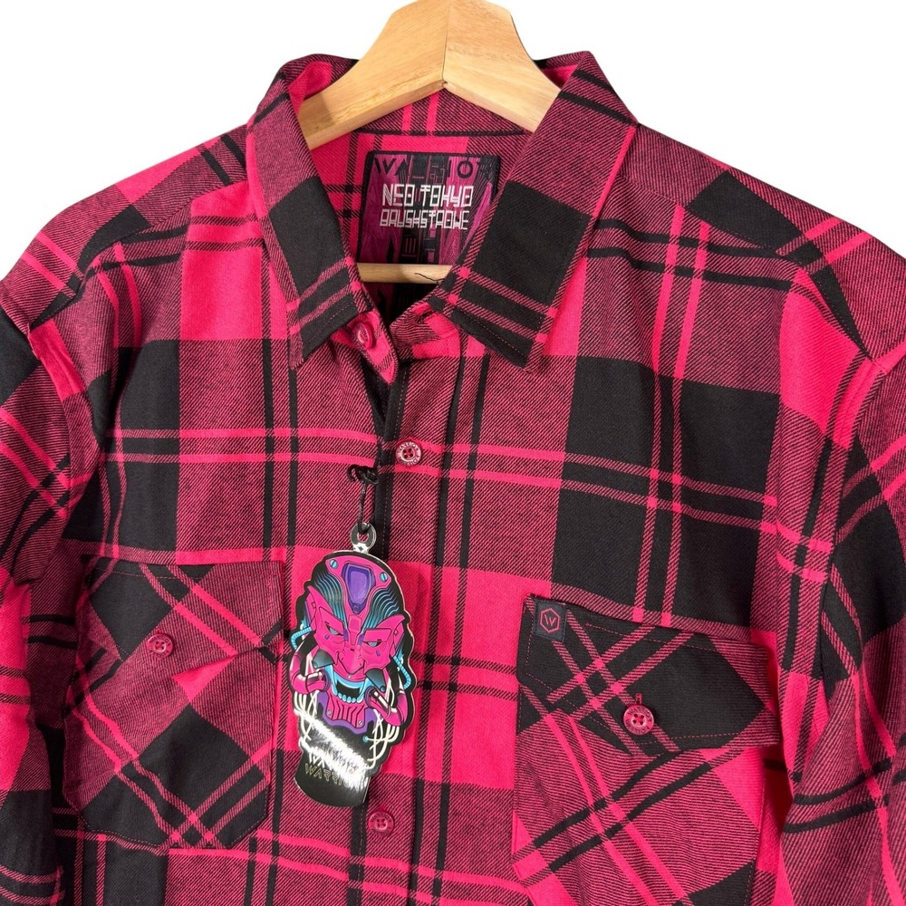 Warrior Neo Tokyo Brushstroke Pink Black Plaid Flannel Button Down Shirt Sz XL